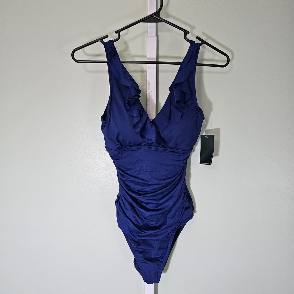 Lauren Ralph Lauren Beach Club Solid Ruffle Surplice One-Piece Size 4 Indigo - Picture 2 of 12